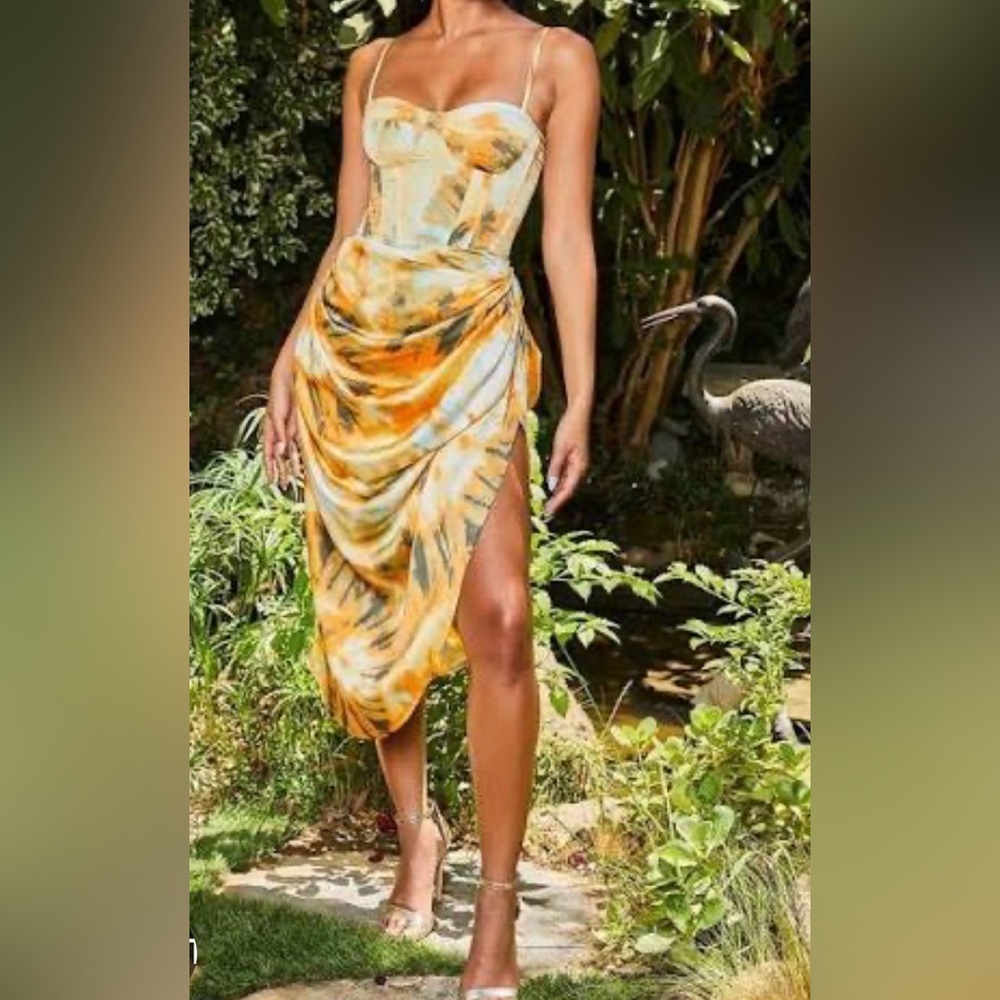 PrettyLittleThing Yellow Tie-Dye Ruched High-Low top + skirt NWT